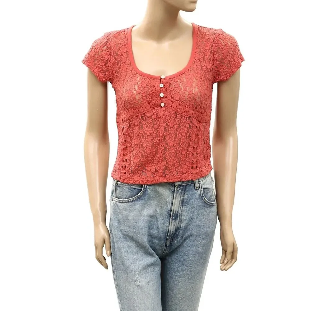 Free People Claro Lace Tee Women's Blouse Top Sheer Short Sleeve Trendy S 289938